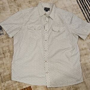 Gibson Short-Sleeve White Button-Down Shirt with Small Gray Geometric Print